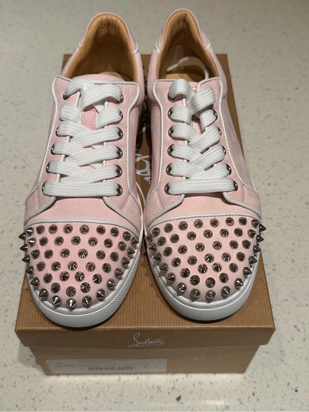 Christian Louboutin pink Suede Studded Lace-Up Sneakers - Picture 2 of 10